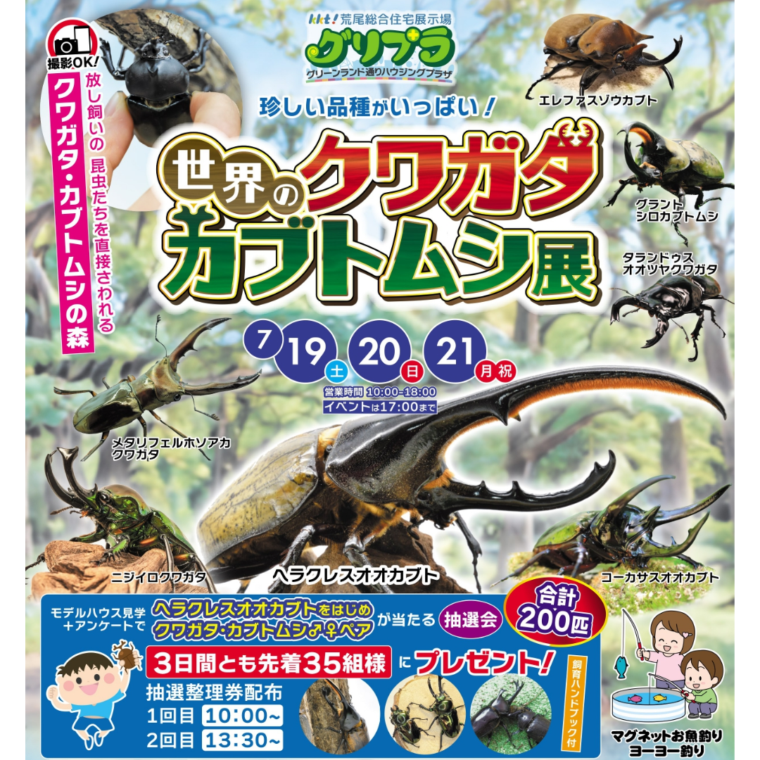 KKT荒尾総合住宅展示場グリプラにて珍しい品種がいっぱい！「世界のクワガタ＆カブトムシ展」を開催【7/19-21】
