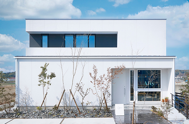 2つの玄関を備えた白のスクエア型店舗併用住宅