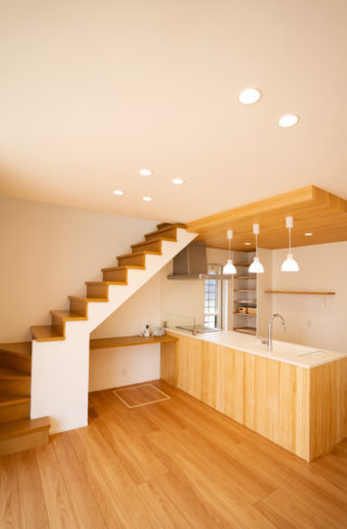 塗り壁の風合いと木の質感が響き合うシンプルで温かみのある機能的な2階建て - ファンライフ - LDK・階段