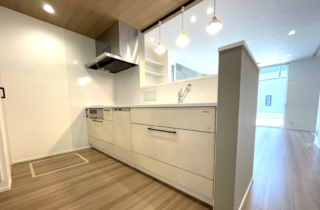 木目とグリーンの外壁に白い立体的な造形が映える片流れ屋根の2階建て - ファンライフ - キッチン