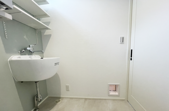 木目とグリーンの外壁に白い立体的な造形が映える片流れ屋根の2階建て - ファンライフ - 脱衣室