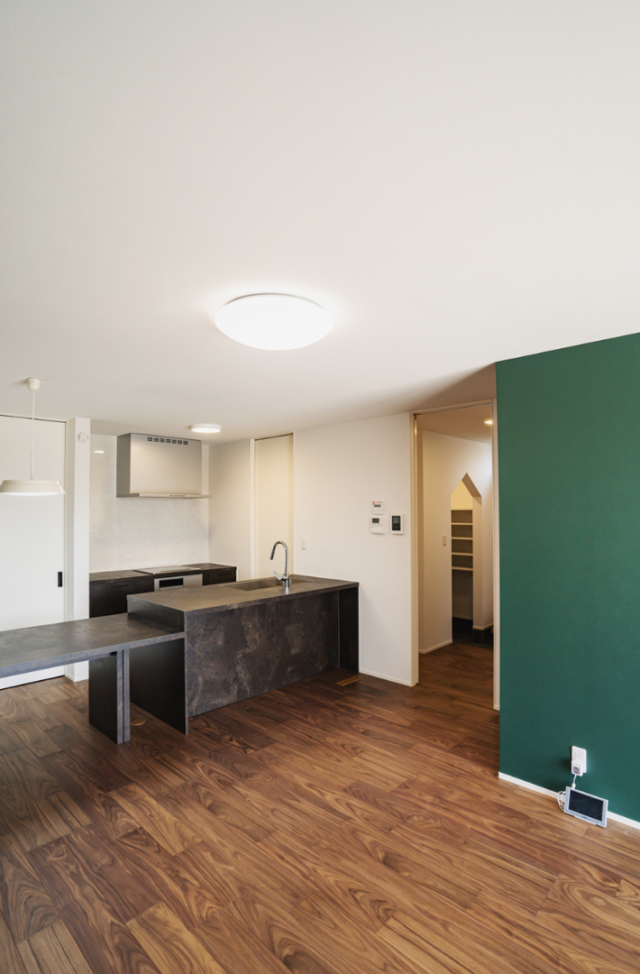 深い緑のクロスと造作収納の意匠美がLDKの主役を飾るモダンな2階建て - ファンライフ - LDK