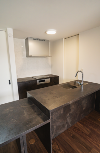 深い緑のクロスと造作収納の意匠美がLDKの主役を飾るモダンな2階建て - ファンライフ - キッチン