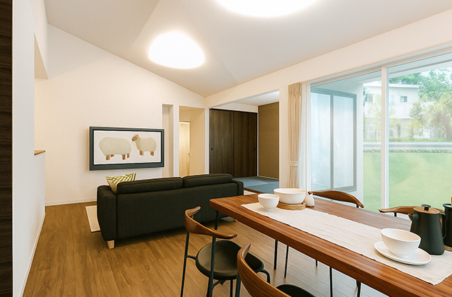 LDK - 熊本展示場 平屋モデルハウス「勾配天井がもたらす開放感と木のぬくもりに包まれる平屋」(熊本市) - 国分ハウジング