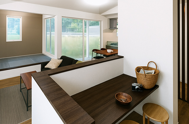 造作デスク - 熊本展示場 平屋モデルハウス「勾配天井がもたらす開放感と木のぬくもりに包まれる平屋」(熊本市) - 国分ハウジング