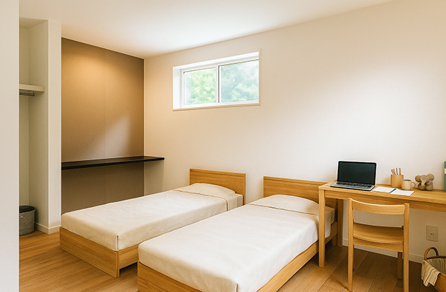 寝室 - 熊本展示場 平屋モデルハウス「勾配天井がもたらす開放感と木のぬくもりに包まれる平屋」(熊本市) - 国分ハウジング