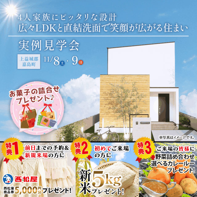 上益城郡嘉島町にて「広々LDKと直結洗面で笑顔が広がる家」の実例見学会【11/8,9】