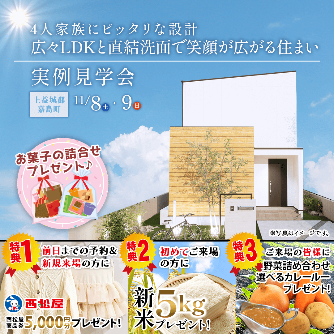 上益城郡嘉島町にて「広々LDKと直結洗面で笑顔が広がる家」の実例見学会【11/8,9】