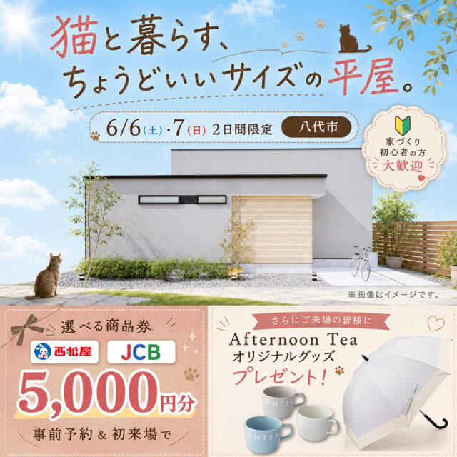 八代市豊原下町にて「猫と暮らす、ちょうどいい平屋」の実例見学会【6/6,7】