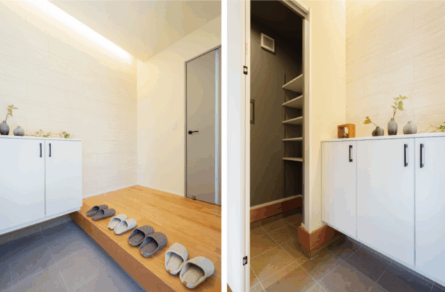 水平ラインが美しいシックな佇まいの3人家族にちょうどいい23坪の平屋 - タカスギ - 玄関・収納