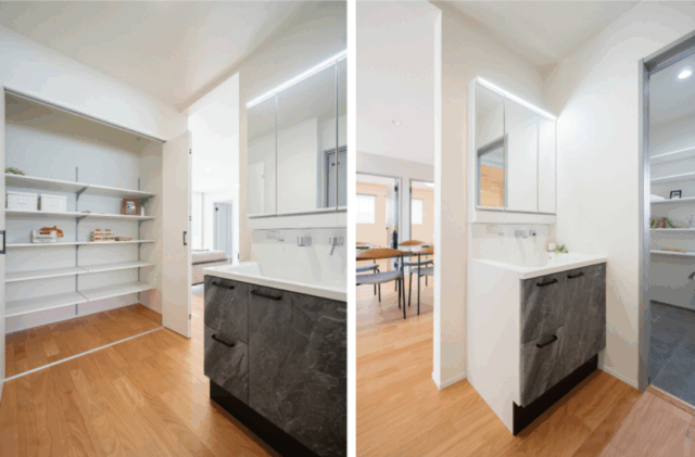 水平ラインが美しいシックな佇まいの3人家族にちょうどいい23坪の平屋 - タカスギ - 洗面・収納