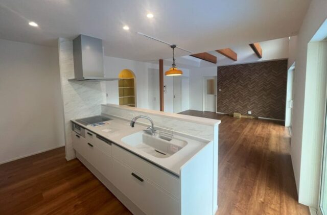 22.5帖の大空間LDKとインナーガレージを備えたカリフォルニアスタイルの平屋 - アキ・ハウジング - LDK