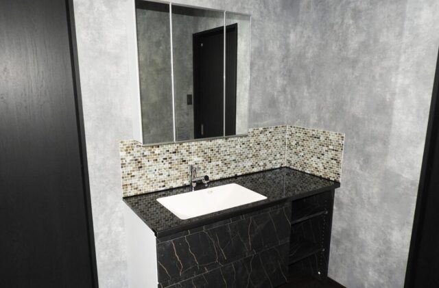 ブラックの重厚な外観とグレーでまとめたスタイリッシュな大人モダン平屋 - 向洋ハウジング - 洗面スペース