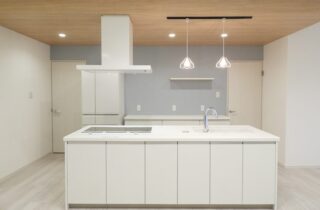 26帖の大空間LDKとウッドデッキが広がる白が映える開放的な平屋 - 向洋ハウジング - キッチン正面