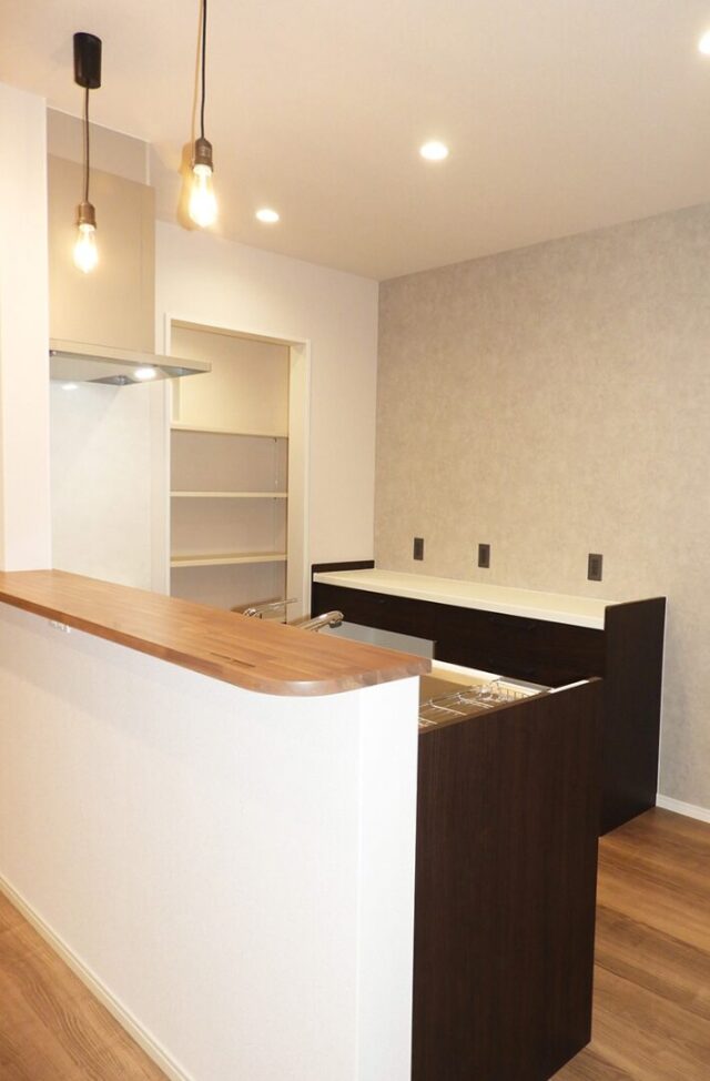 招き屋根とブラック外壁の重厚な佇まいと子育てを支える機能性が調和する平屋 - 向洋ハウジング - キッチン・パントリー