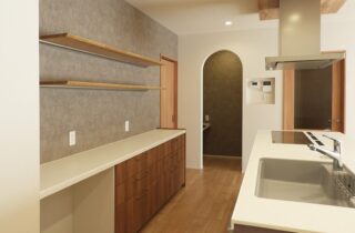 白の外壁に木目が映える豊かな緑と調和した光あふれる平屋 - 向洋ハウジング - キッチン・収納