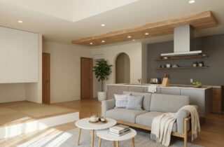 招き屋根の温かみある外観と白壁に木が調和する北欧ナチュラルな平屋 - 向洋ハウジング - LDK