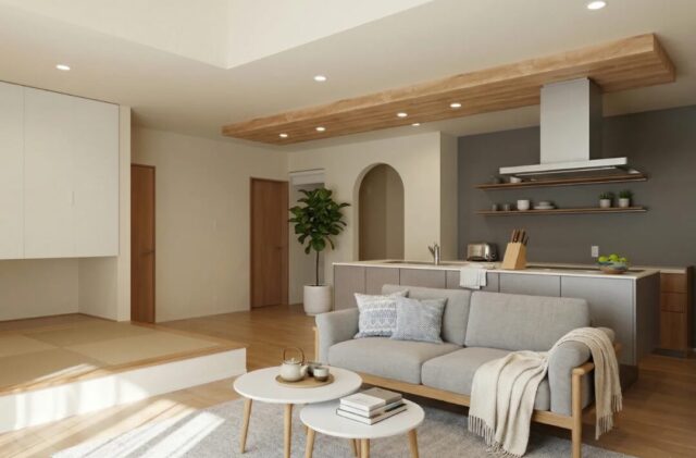 招き屋根の温かみある外観と白壁に木が調和する北欧ナチュラルな平屋 - 向洋ハウジング - LDK