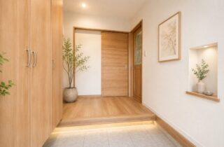 白と木が調和するやさしい雰囲気と将来も安心なバリアフリー平屋 - マルケンホーム - 玄関