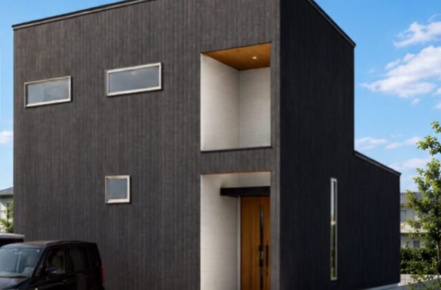 黒のキューブ型外観と吹き抜けリビングが心地よい2階建て - 森建築 - 外観