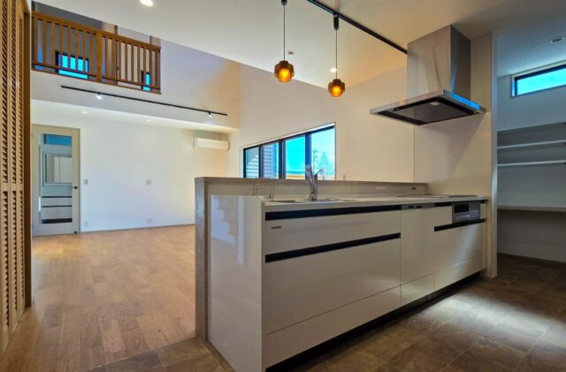 直線と勾配が映える立体的な外観と吹き抜けの開放感に包まれるシンプルデザインの家 - 日大建築 - キッチン