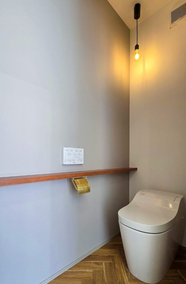 直線と勾配が映える立体的な外観と吹き抜けの開放感に包まれるシンプルデザインの家 - 日大建築 - トイレ