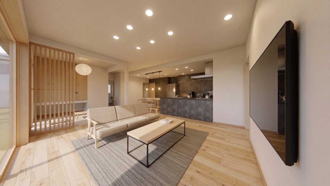 都城市安久町にて「ただいま手洗い・家事ラク回遊動線・玄関直通ランドリー完備！LDKと和室の広がりを楽しむ♪33坪平屋」の完成見学会【5/1-4】