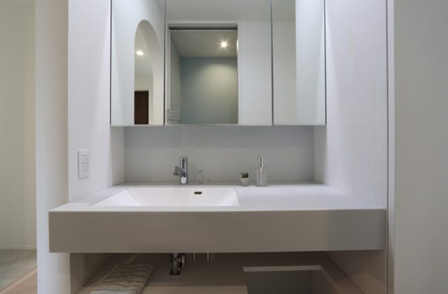 黒と木目が調和する圧倒的な造形美のインナーガレージがある大人モダン邸宅 - 空感考房CO.CO - 洗面スペース