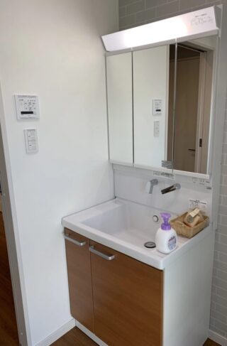 北欧家具が似合うグレーと木の質感がマッチしたシンプルで明るい平屋 - 大成住宅 - 洗面スペース