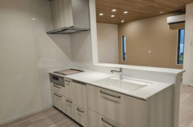 木目調の外壁が映えるモダンな片流れ屋根の明るい平屋 - 大成住宅 - キッチン